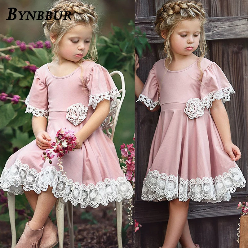 

Bynbbur Lace Patchwork Solid Cotton Dress Girls Kid Lace Floral Attached Party Dress Cute Baby Princess Dress 2019 Summer New