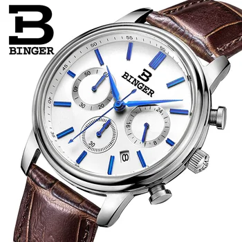 

Switzerland BINGER men's watch luxury brand Quartz waterproof Chronograph Stop clock leather strap Wristwatches B9005-2