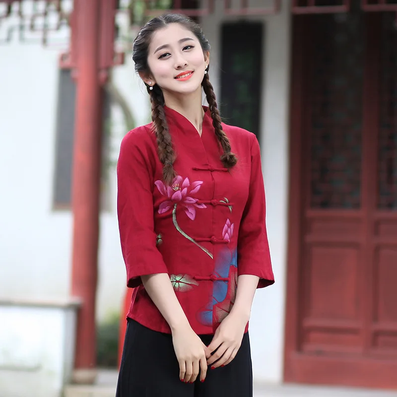 L M Botón Xxl Rojo Casual Xxxl Chinas Xl 2615 Flor Verano Algodón Impresa Red white Tamaño Mujeres Lino Blusa S Vintage Primavera Señora blue Camisa qTOwHqa