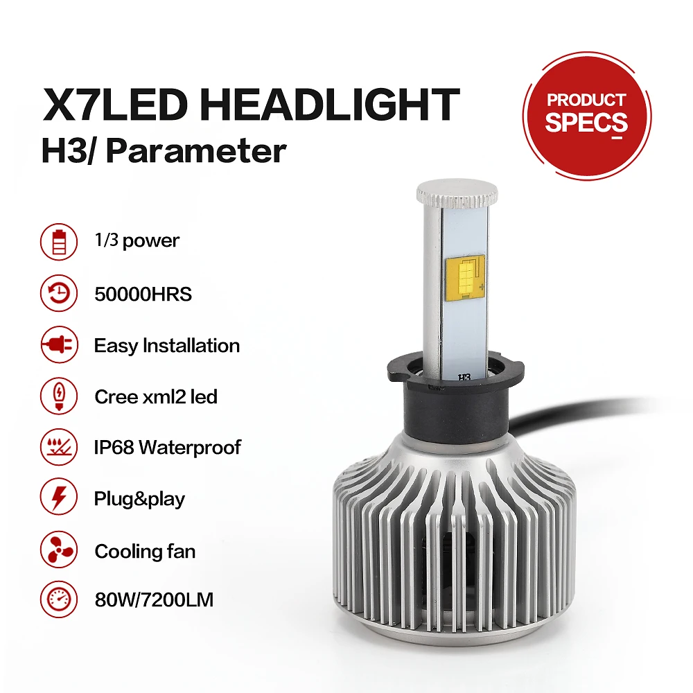 

X7 80W H3 Car LED Headlights 7200LM 6000K Super bright kit university Headlamps With fan front fog light Bulb led Headlights