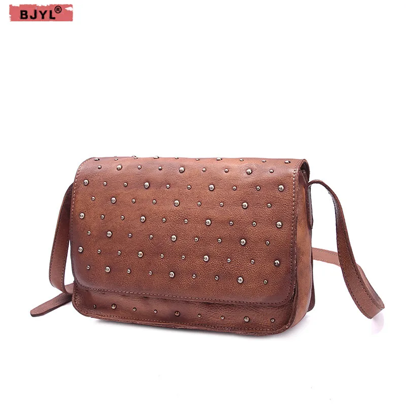 

BJYL New retro art handmade Women handbags original genuine leather rivet shoulder slung bag female small square messenger bags