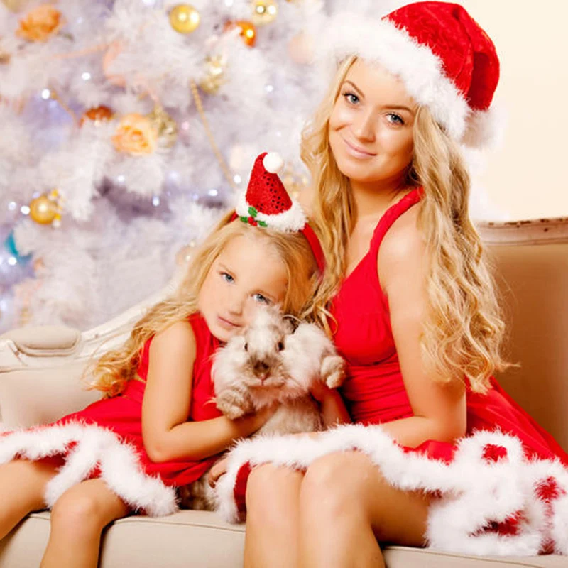 Christmas mom and daughter dress Faux Fur Dress Deep V Neck Sleeveless mother and daughter clothes High-Low Mini Skater Dress