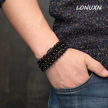 

High Quality natural Obsidian Bracelet Mens 8mm beads couple bracelets female Korean Lucky brave women jewelry crystal love gift