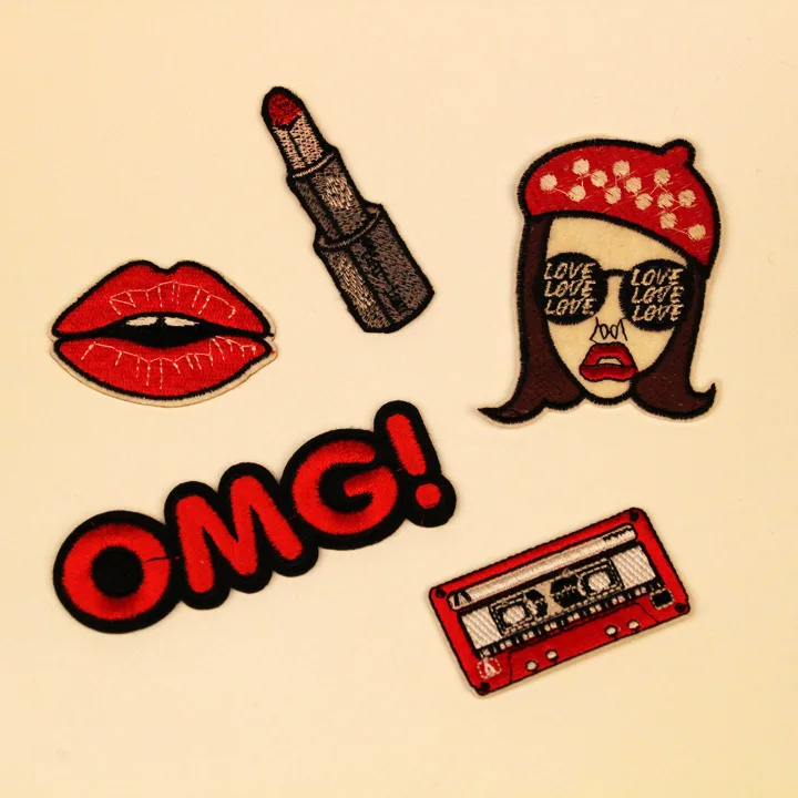 

1pcs Girls radio Lips OMG letter Patches Iron On Patch Embroidered Applique Patch for Jacket Clothes hat DIY Apparel Accessories