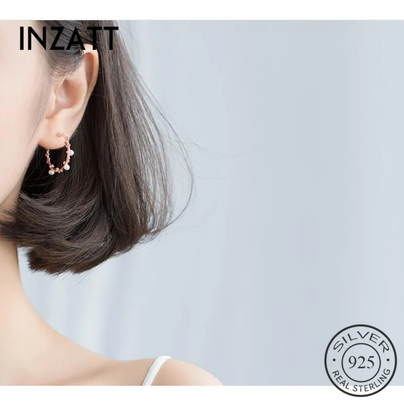 

INZATT 100% 925 Sterling Silver Personality Geometric Round Pearl Hoop Earrings For Women Party Fine Jewelry Cute Accessories