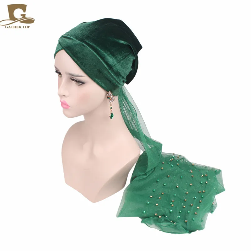 Роскошный массовый Золотой вышитый бисером сетчатый головной убор нигерийский тюрбан женский хиджаб длинный головной платок