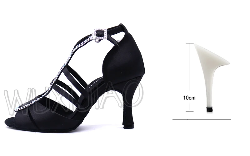 WUXIJIAO/Новинка; белая атласная обувь для латинских танцев; женская обувь для сальсы; стразы; обувь для танцев для женщин; Обувь для бальных танцев; Каблук 5-10 см - Цвет: black  heel 10cm