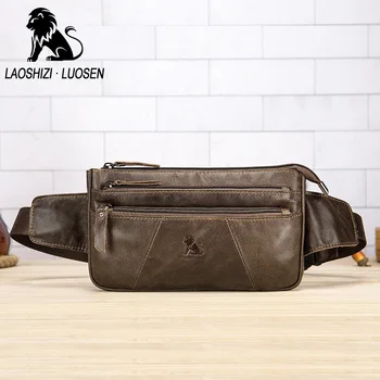 

LAOSHIZI LUOSEN men's Genuine Leather Waist Packs Men Fanny Pack Belt Bag Travel Waist Pack Male Motorcyclist Small Phone Bags