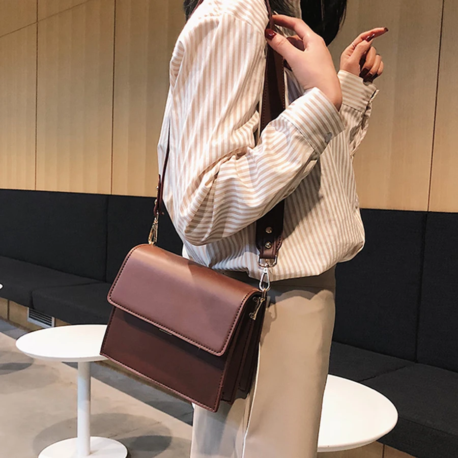 

Minimalist Wind Square Bag For Ladies Simple Pu Leather Solid Color Shoulder Bag Female Elegant Wild Messenger Bags OL 2019 New