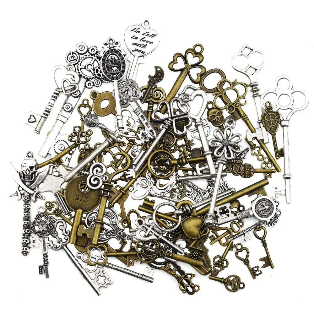 80 шт. винтажный набор ключей в виде скелета ожерелье Браслеты Подвески Набор для изготовления ювелирных украшений вручную декорации Свадебные сувениры(серебро и бронза