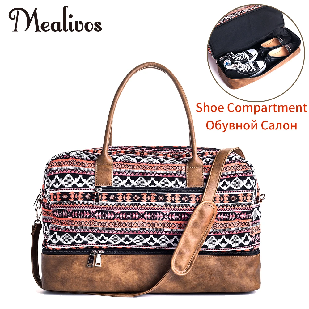

Mealivos 2017 Fashion Canvas large Weekender Women Bag Overnight Travel bag Carry On Duffel with Shoe Pouch Duffel Bags
