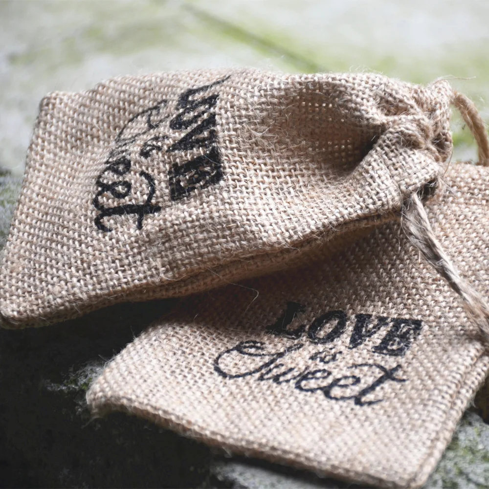 10pcs Rustic Wedding Decoration Jute Candy Bag With Text Print