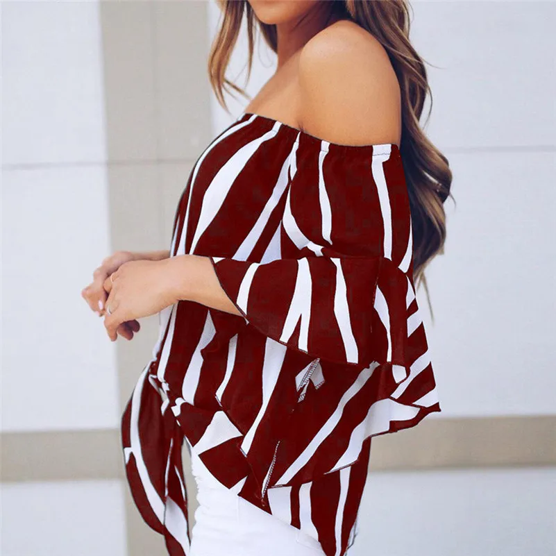 Women Striped Off Shoulder Waist Tie Blouse Short Sleeve Casual T Shirts Tops  (22)
