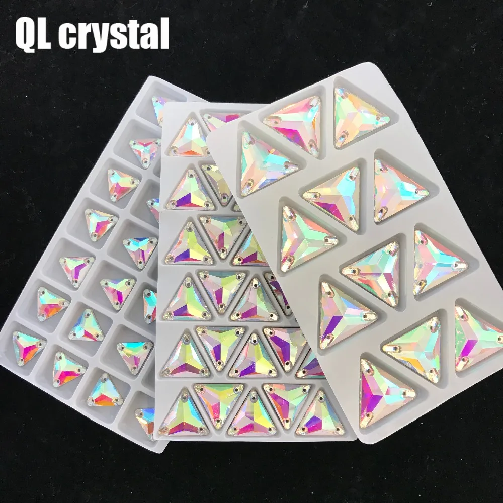 

QL Crystal Clear AB Crystal Glass Crystal Tri-angle Sew On Rhinestones with 3 holes for DIY Garment bags shoes material