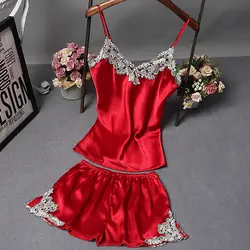 Женская одежда для лета шорты наборы вышивка v-образный вырез пижамы атласная пижама высокое качество сексуальные спагетти ремень
