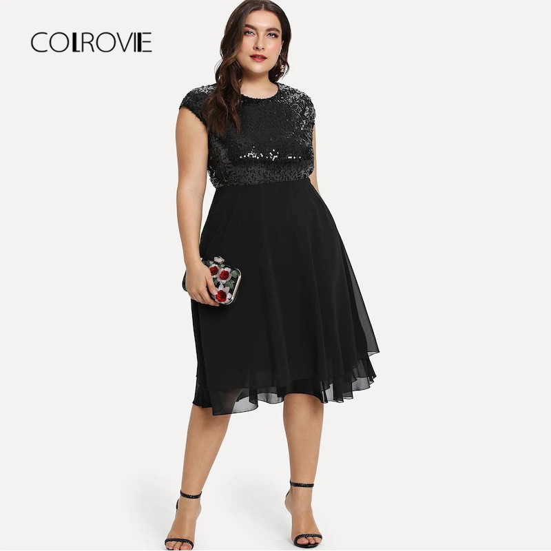 COLROVIE размера плюс, черное однотонное платье с высокой талией и лифом, сексуальное платье с блестками для женщин, осень, уличные вечерние платья, элегантные платья миди