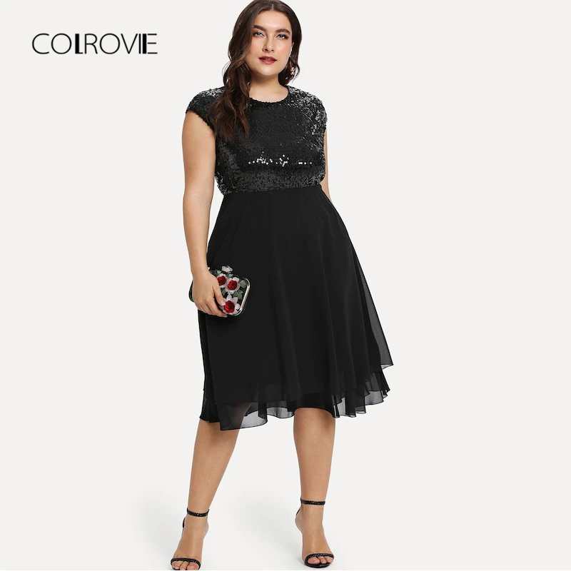 Baratos Vestido Sexy de lentejuelas de cintura alta sólido negro de talla grande para mujer 2018 otoño Streetwear vestido de fiesta elegantes vestidos Midi
