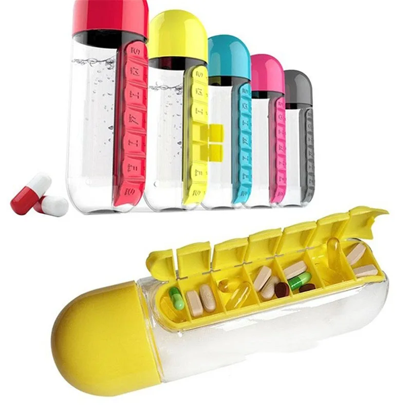 

600ml Sports Plastic Water Bottle Combine Daily Pill Boxes Organizer Drinking Bottles Leak-Proof Bottle Tumbler Outdoor 19366