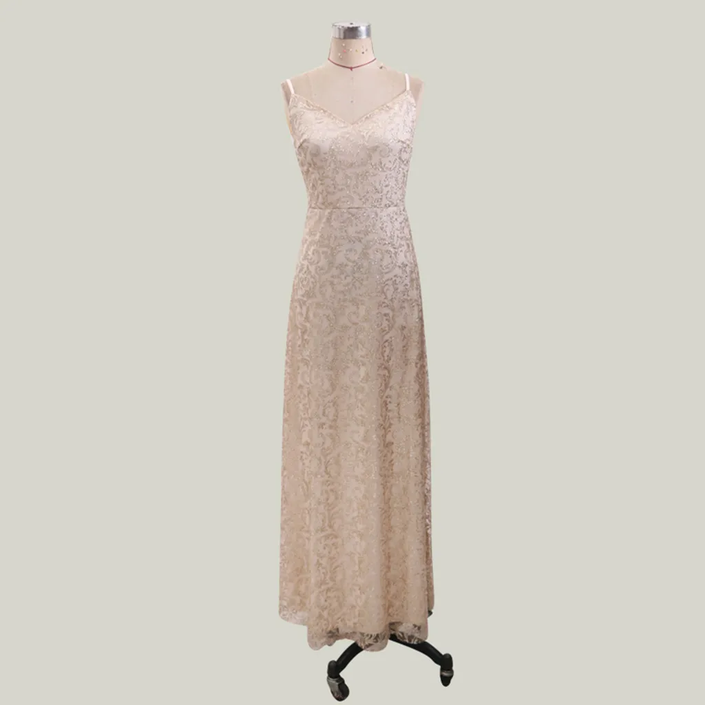 Свободное женское платье с глубоким v-образным вырезом, без рукавов, блестки из полиэстера, модное платье с открытой спиной, ажурное Длинное Элегантное Золотое Платье