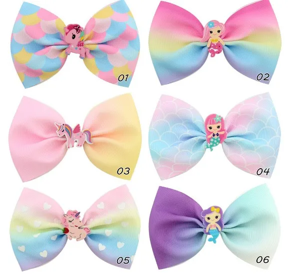 3/6 Pcs/lot Colorful Lovely Unicorn Mermaid Girls Bow Tie Hair Clip Grosgrain Ribbon Bow-knot Hairpins Hairgrips Accessories - Цвет: MIx 6 pcs