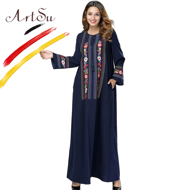 

ArtSu Navy Blue Red Vintage Ethnic Maxi Dress 4XL Plus Size Loose Women Floral Embroidery Dress Vestido Winter Casual Robe Femme