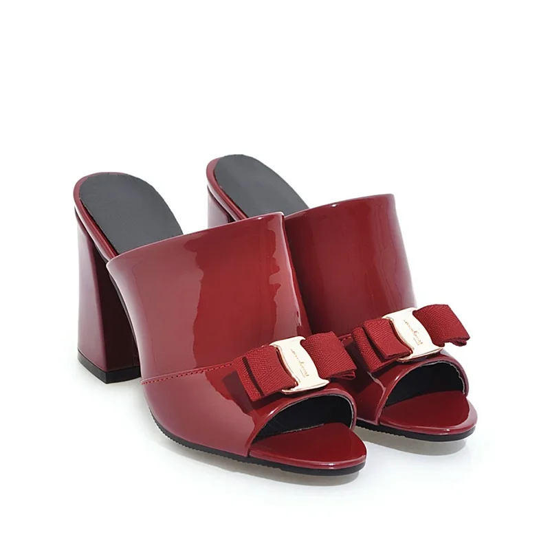 EGONERY/женская летняя обувь; шлепанцы на Высоком толстом каблуке с бантом; сандалии из лакированной искусственной кожи; модные шлепанцы на каблуке 9 см - Цвет: wine red