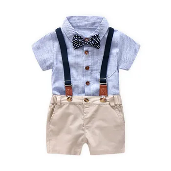 

2019 Toddler Baby Boys Summer Gentleman Bowtie Short Sleeve Shirt+Overall Shorts Sets