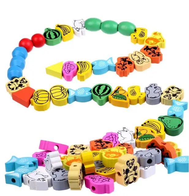 26pcs/lot wooden toys Cartoon Animals Fruit beads Stringing Threading Beads Game Education Toy for Baby Kids Children 2