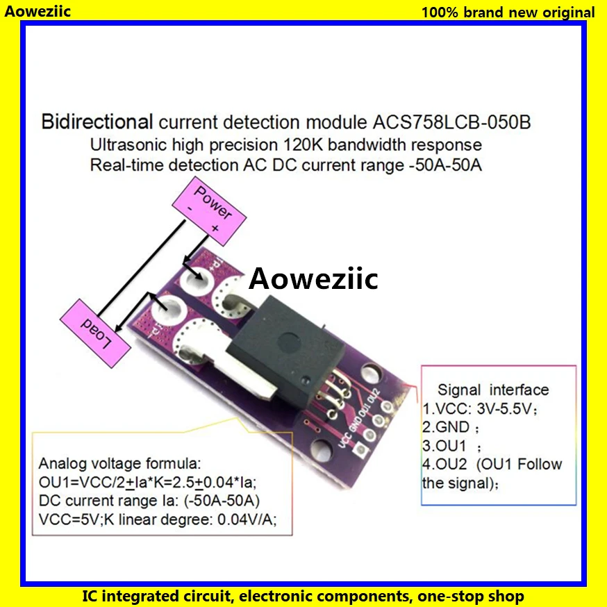 

1Pcs Bidirectional Current Sensor module ACS758LCB-050B 120 kHz Bandwidth AC, DC: -50-50A 0.04V/1A New Original Product