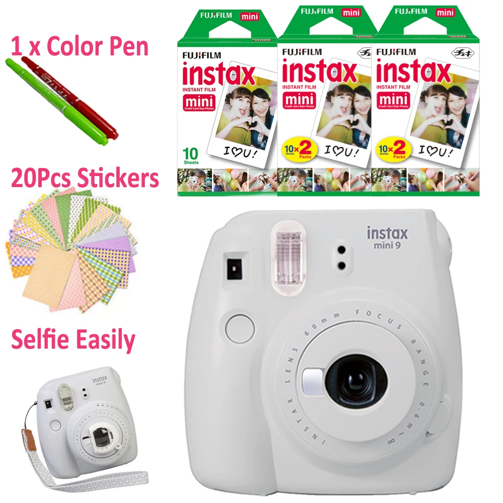 Fujifilm Instax Mini 9 мгновенная камера дымчато-белый+ 50 фотографий Fuji instant Mini 8 белая рамка пленка+ 20 шт наклейки и ручка