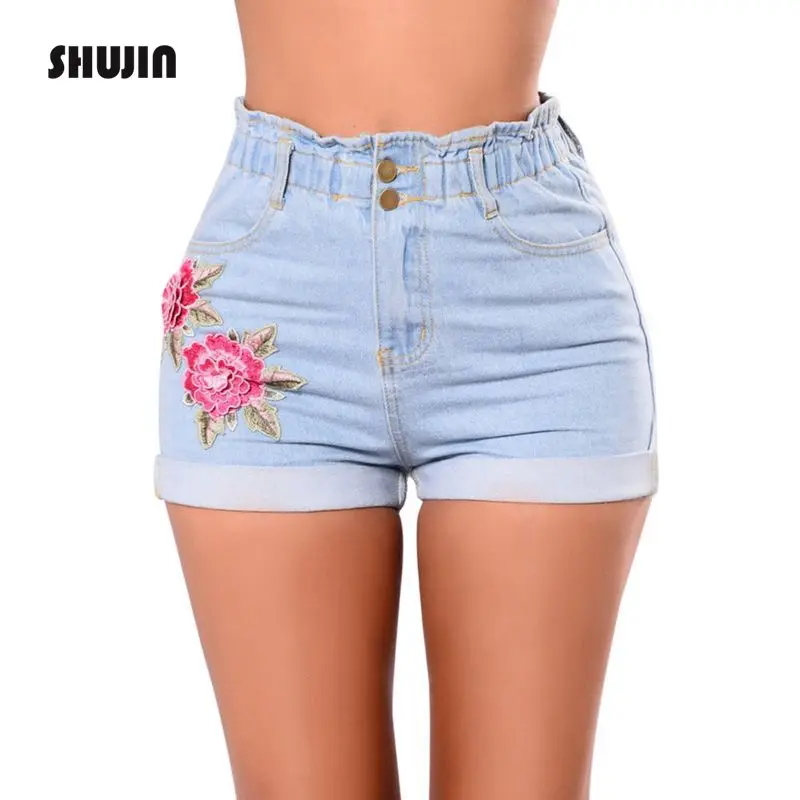 SHUJIN 2018 для женщин джинсовые шорты Высокая талия цветочный вышивка Тонкий Фитнес Короткие джинсы женские повседневное летние обжима
