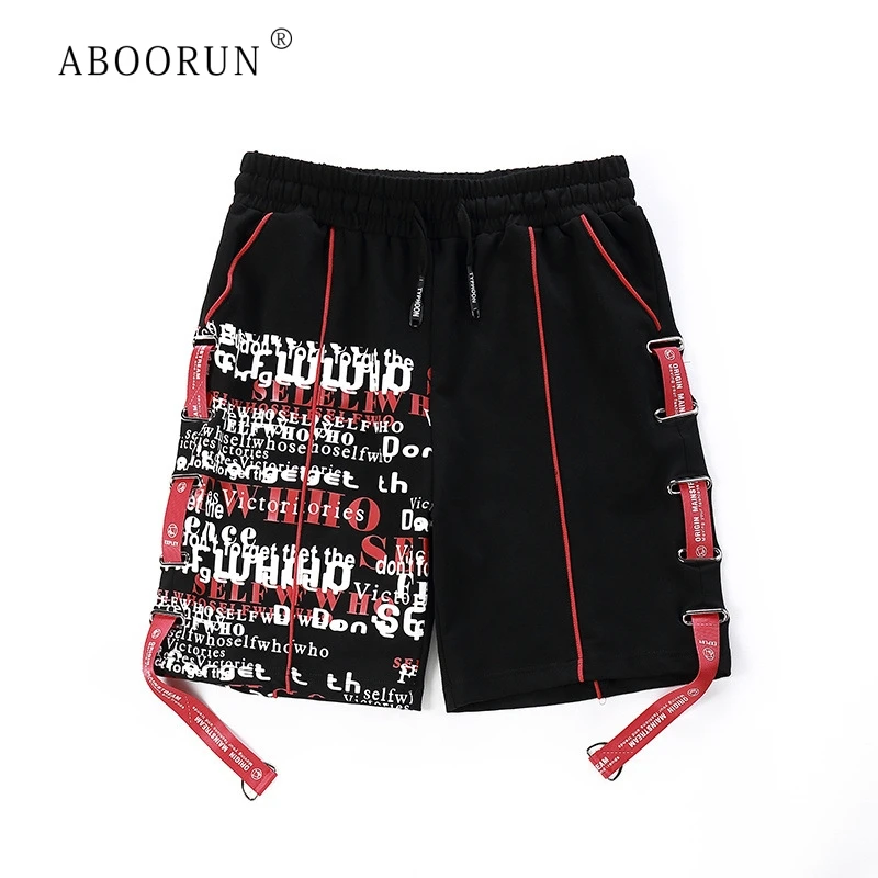 

ABOORUN 2019 Men's Hip Hop Cotton Shorts Printed Double Ribbons Five Loose Shorts National Tide Dark Punk Shorts for Male x2501