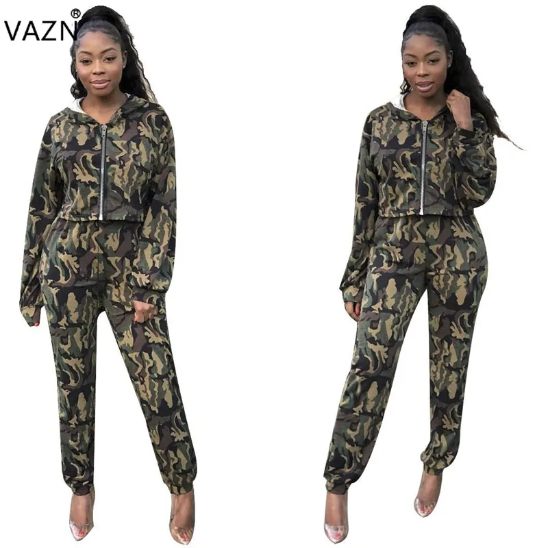 VAZN Autumn High Quality Fashion Women 2-Pieces Camouflage Jumpsuits Hooded Full Sleeve Tops Length Pants Tracksuits LM8035 | Женская