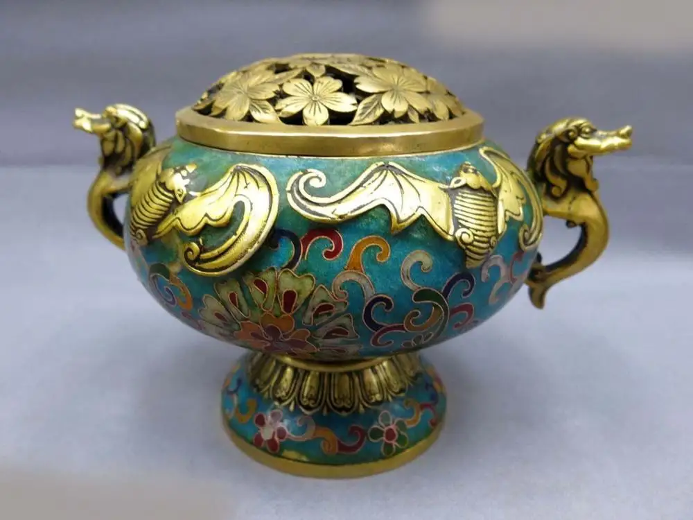 

China bronze gild Cloisonne censer flower lucky bat dragon incense burner Statue (D0426)