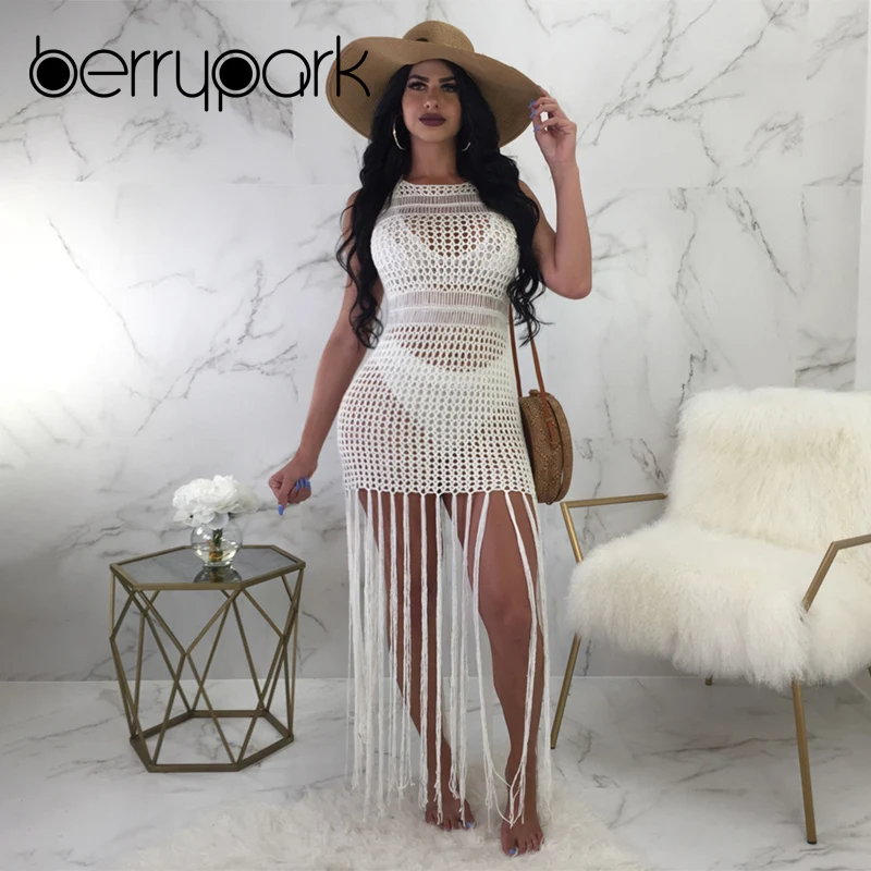 

BerryPark Sexy Fish Net Tassel Bikini Cover Up Reversible Dress Women 2019 Hollow Out Knit Crochet Tunic Swim Suit Beach Wear