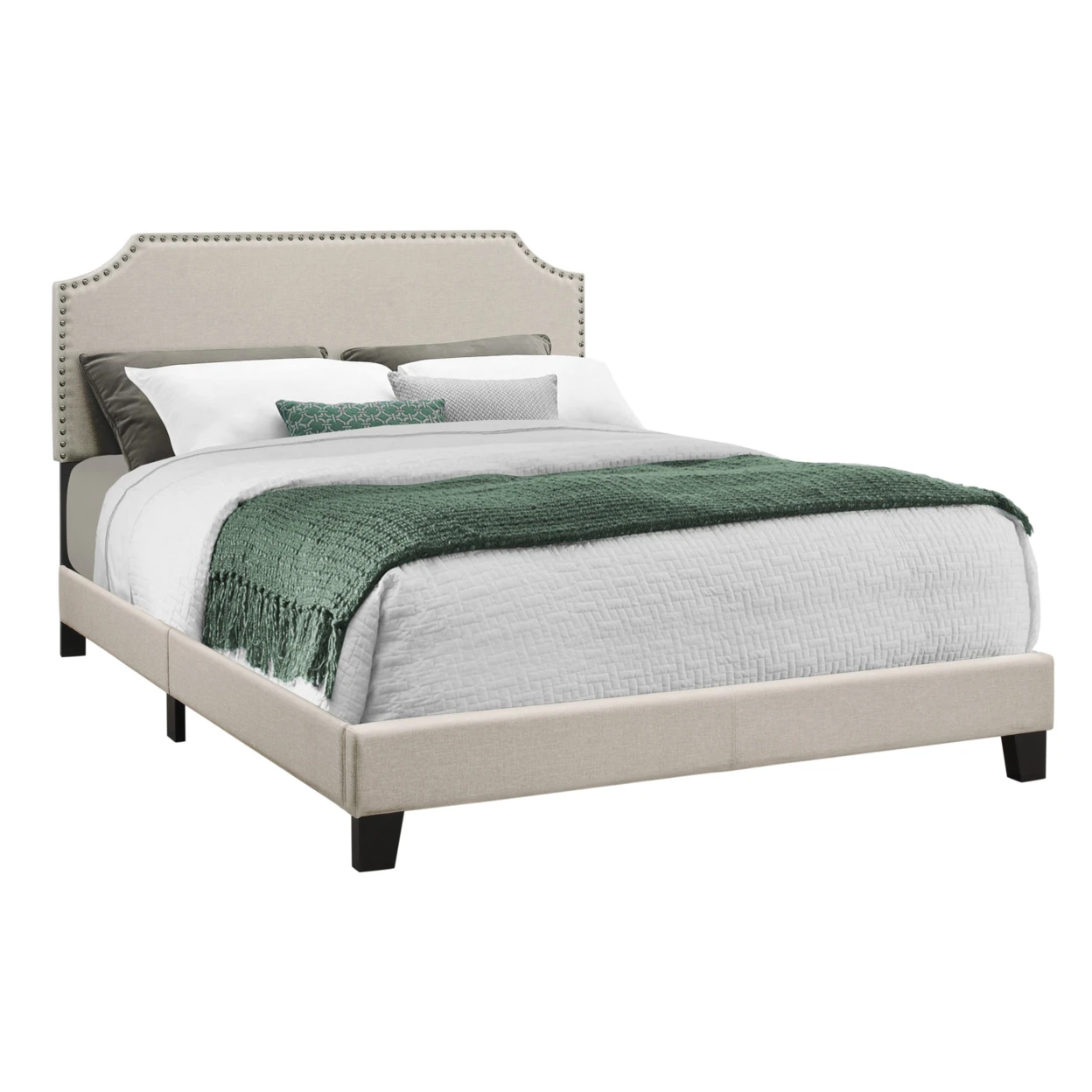 BED - QUEEN SIZE, BEIGE LINEN WITH ANTIQUE BRASS TRIM