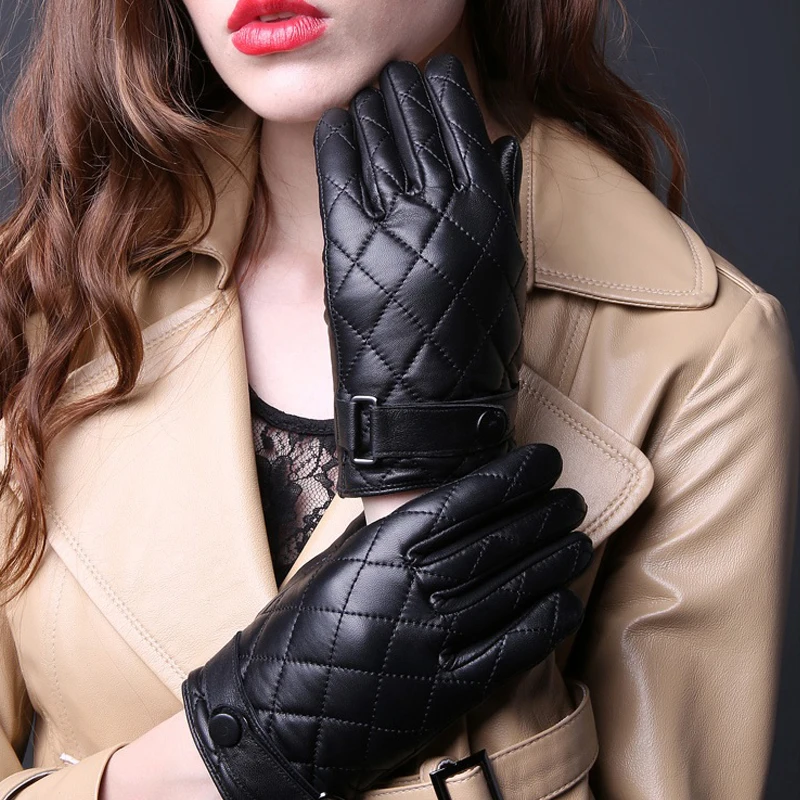 

100% Genuine Leather Winter Gloves For Women Sheepskin Warm Thick Plus Velvet Cotton Sheepskin Gloves Mittens Wholesale Brand