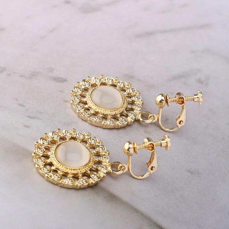 

JIOFREE High Quality Round Shape Opal Zinc alloy Clip on Earrings Without Piercing for Women Party Luxury Jewelry Ear Clip