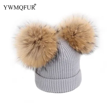 

Winter Knitted Hat With Two Raccoon Fur Balls Kids 1 to 3 Years Old And Adult Women Beanies Girl Caps 2018 New Arrival YWMQFUR
