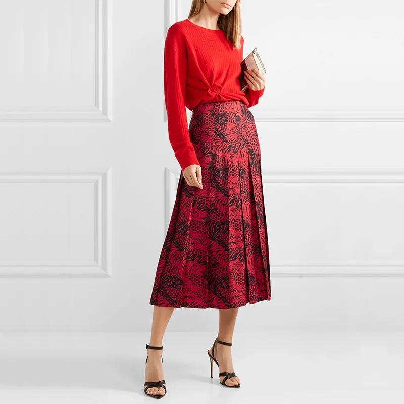 

Hot autumn red half skirt tiger head pattern digital printing fabric custom new pre-sale women's clothing cloth wholesale