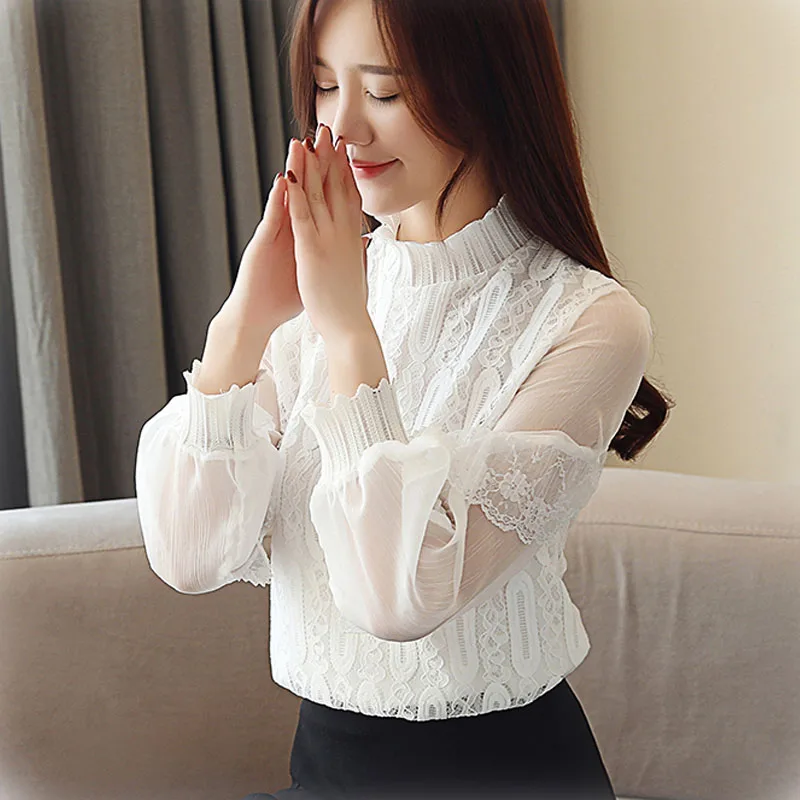 Весенние женские рубашки новые кружевные женские с длинным рукавом белая шифоновая блузка женские топы и блузки воротник-стойка блузы 1871 50
