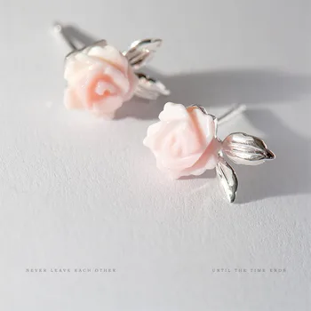 

925 sterling-silver-jewelry Original Design Pink Rose Stud Earrings For Women Shell Flower Handmade Fresh Literature Earrings