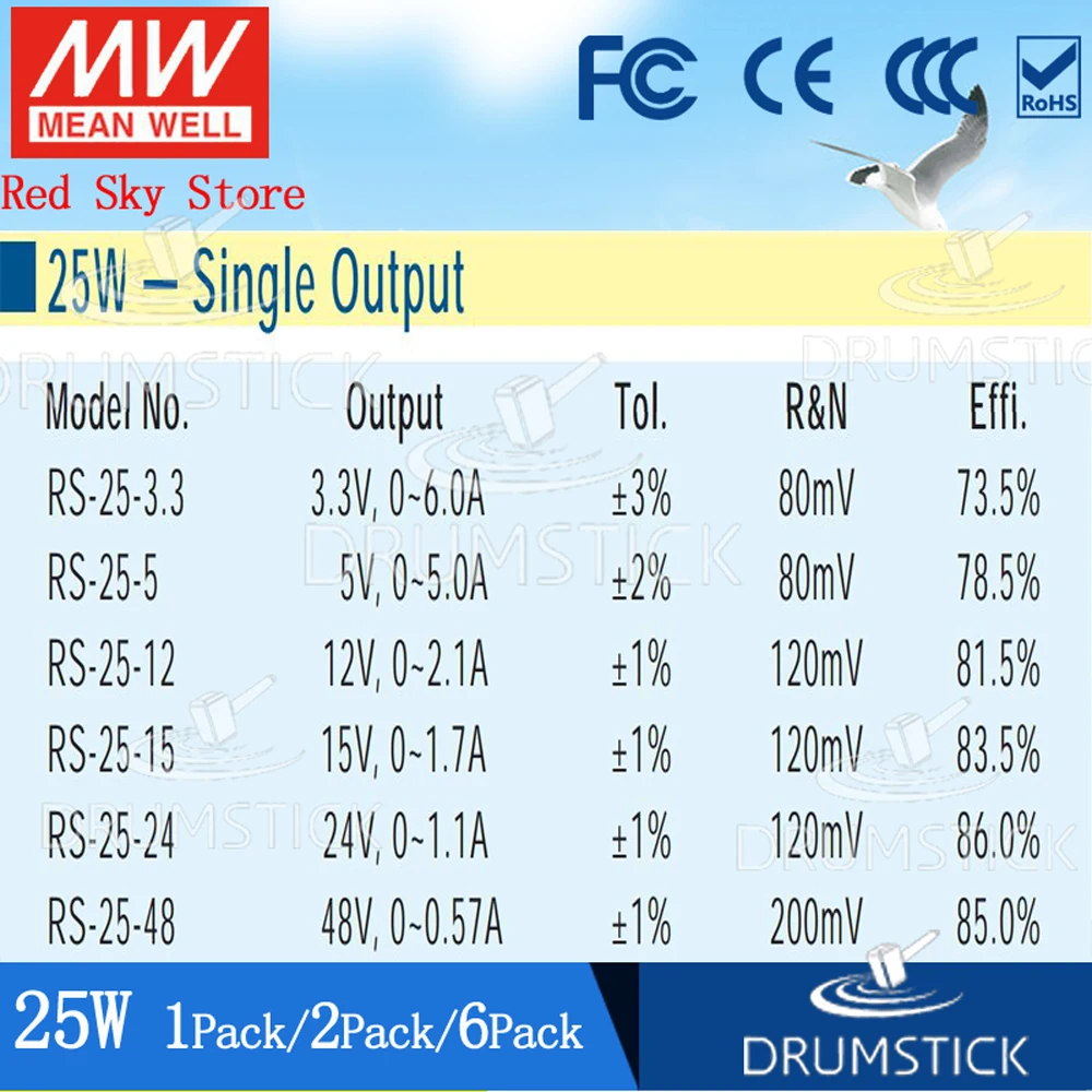 1 шт. в упаковке) Meanwell 25 Вт импульсный Питание RS-25-5V/3,3/12/15/24/48 0,57/1.1A 1,7/2,1/5/6A высокая производительность заменить NES