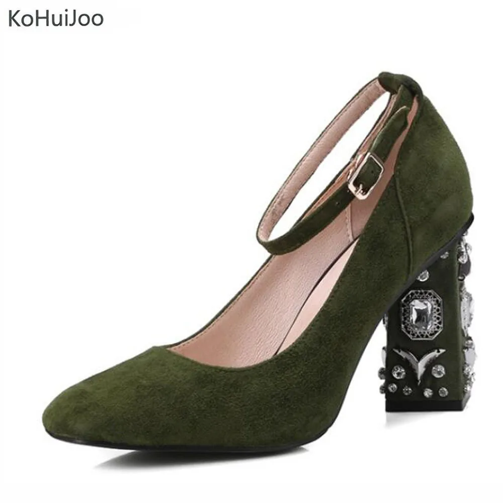 

2019 Spring Suede Leather Shoes Lady Fashion Crystal Fashion High Heel Ankle Strap Pumps Women Party Wedding Shoes Green Black