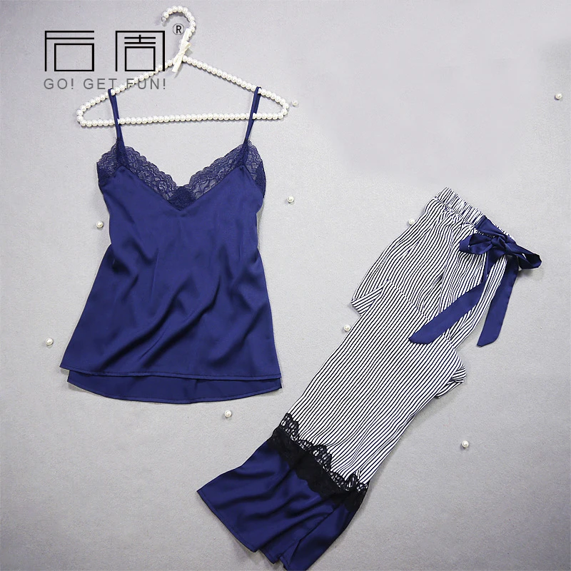 

Lace Female Sleepwear Sexy Elegant Women's Satin Pyjamas Vest+Long Pants 2Pieces New 2019 Spring Autumn Women Silk Pijama Sets