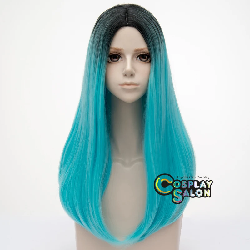 

Lolita 60CM Middle Part Long Wavy Women Turquoise And Black Cosplay Wig
