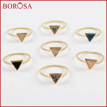 

BOROSA 10PCS Gold Color Triangle Rainbow Drusy Rings, Mixed Colors Agates Titanium Rainbow Druzy Bezel Ring Gems Jewelry ZG0290