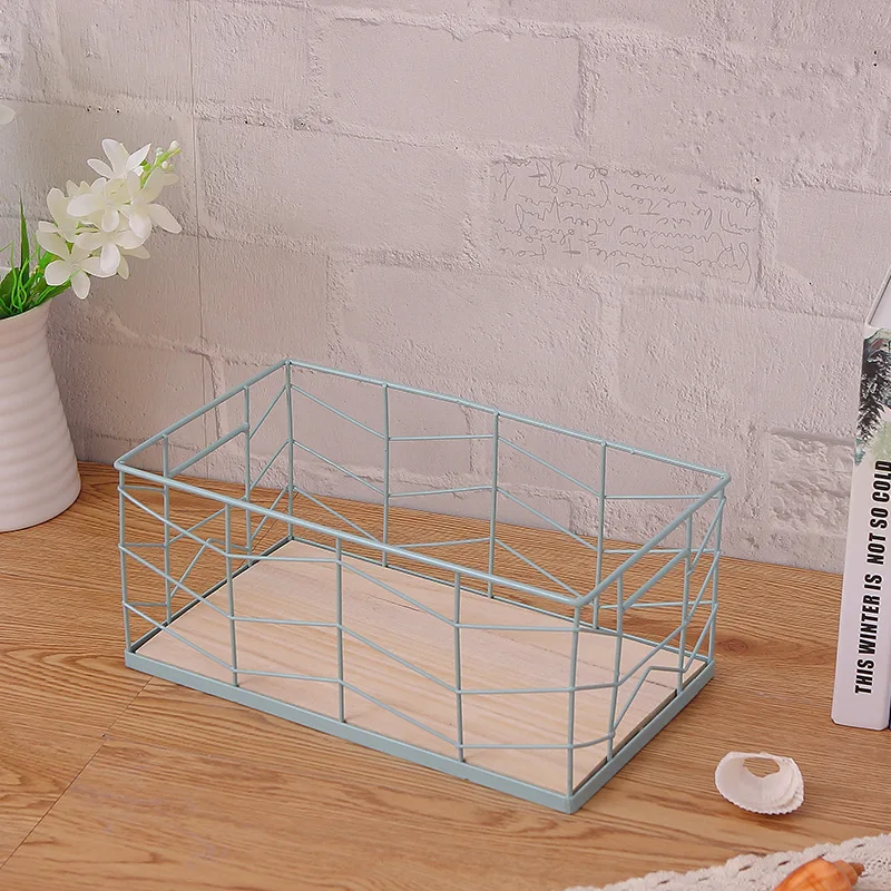 Retro Rectangle Metal Wood Storage Basket Office Sundries Finishing Iron Baskets Vintage Dressing Table Cosmetics Organizer Box - Цвет: 1