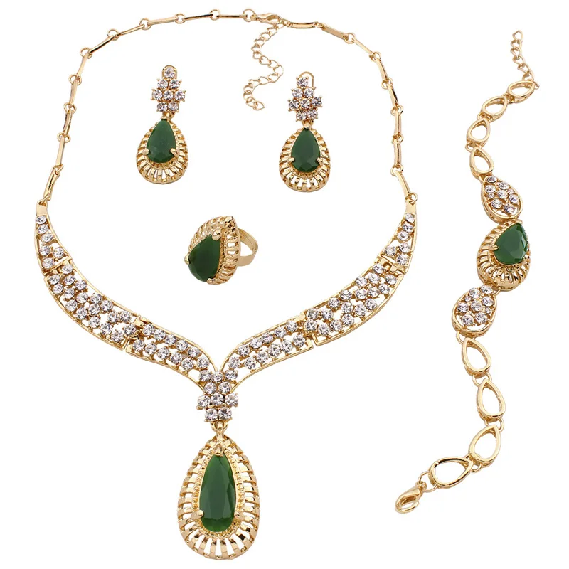 

Morocco Luxury Wedding Jewelry Sets Green Crystal Necklace Bracelet Earrings New Hot Sale New Year Party Gift Accessories