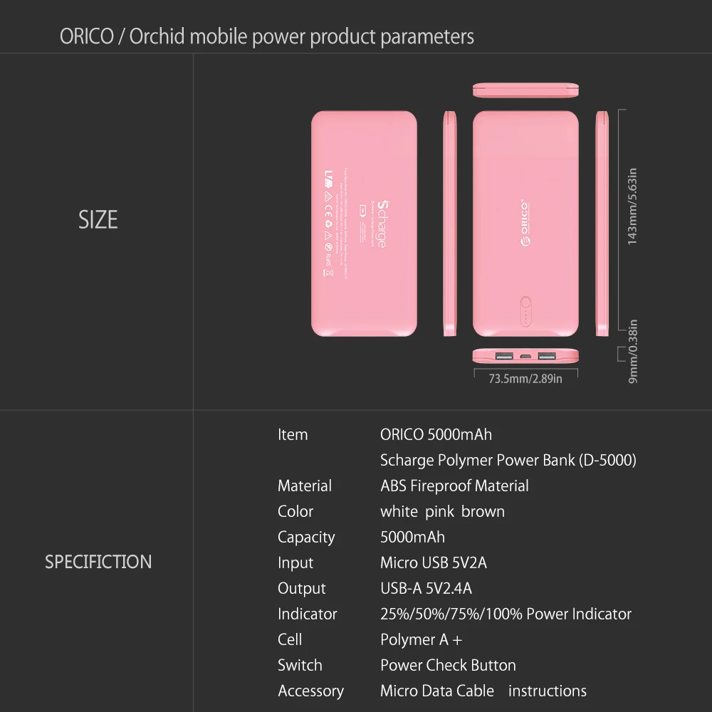 ORICO 5000mah Power Bank 5V2.4A Output External Battery Charge for Mobile Phone With LED Indicator Universal Charger